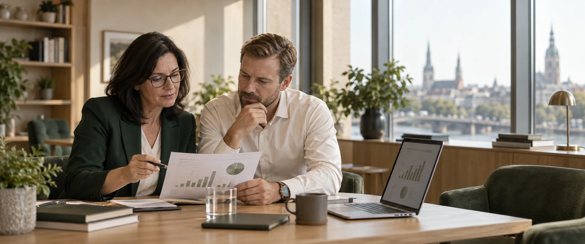 A financial analyst discusses reports with a company director